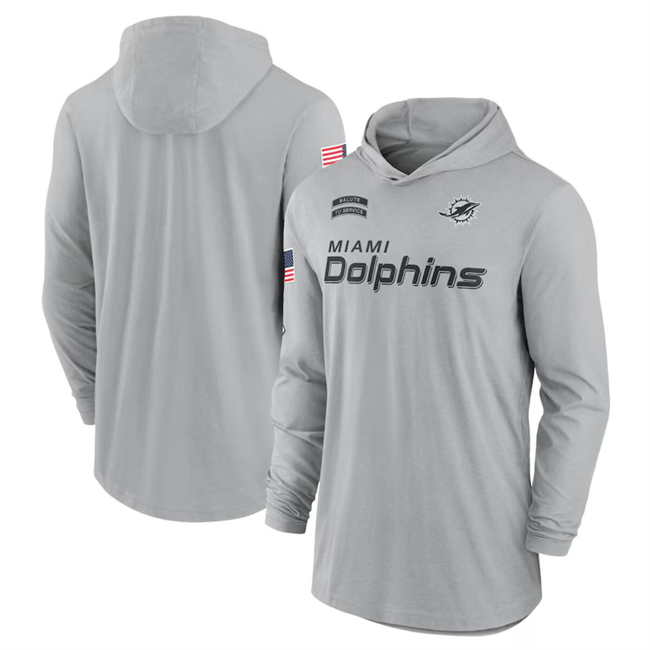 Men's Gray Miami Dolphins 2024 Salute to Service Lightweight Performance Long Sleeve Hooded T-Shirt